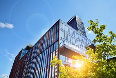 The picture shows a modern office building on a sunny day. The building is in the centre of the picture and takes up most of the frame. It has a glass and metal façade that reflects the daylight. The structure of the building consists of several rectangular glass windows separated by vertical and horizontal metal struts. The metal struts are in different colours, giving the façade a lively and modern look. In the foreground, at the bottom right of the picture, you can see a tree whose green leaves are brightly illuminated by the sunlight. The leaves partially cover the bottom right corner of the building. The sky is clear and blue with only a few small clouds in the top left of the picture. The sun's rays create lens effects that can be seen as bright, circular reflections in the picture. In the upper left area of the picture, at the edge of the building, a few plants can be seen on a roof garden, bringing a touch of nature into the otherwise urban picture.