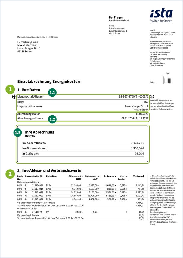 Auf der ersten Seite Ihrer Heizkostenabrechnung finden Sie den Abschnitt 'Ihre Daten' mit dem Abrechnungszeitraum und den Gesamtkosten in tabellarischer Form. Darunter befindet sich der Abschnitt 'Ablese- und Verbrauchswerte', in dem die Berechnung der Heizkosten auf Basis der Ablesewerte der Heizkostenverteiler tabellarisch dargestellt wird.