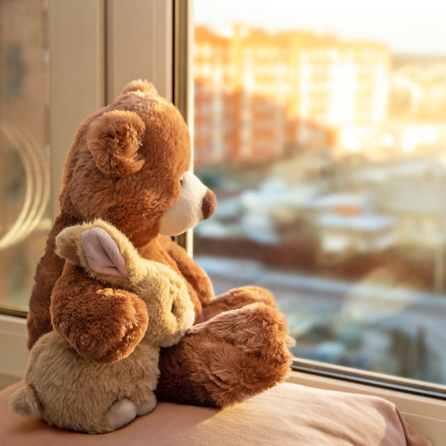 The picture shows a brown teddy bear sitting on a cushion by a window and looking out of the window with a brown teddy bunny in his arms. Several rows of houses can be recognised blurred in the window. 