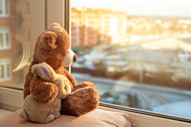 The picture shows a brown teddy bear sitting on a cushion by a window and looking out of the window with a brown teddy bunny in his arms. Several rows of houses can be recognised blurred in the window. 