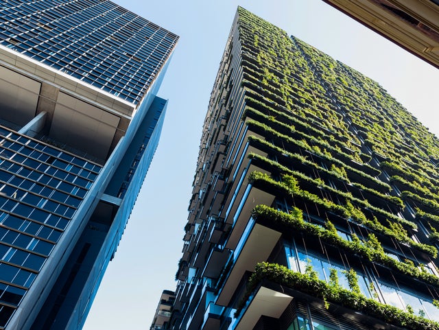 The picture shows a few skyscrapers that are seen from below. Two of them are clearly shown, the others are build behind them or can’t be seen from this point of view. On the skyscraper on the left side are just plain windows, but the skyscraper on the right side has greenery on every floor and is beeing illuminated by the sun.