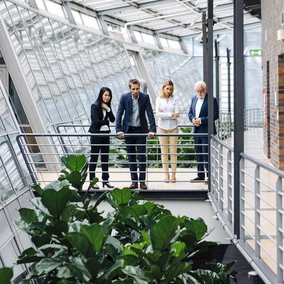 The picture shows four people in formal dress standing in a modern, light-flooded building. They are standing on a raised walkway with railings, surrounded by large glass windows. The windows extend along the entire length of the corridor and let in plenty of daylight.on the left of the picture is a woman with long, dark hair wearing a black trouser suit. She has her arms crossed in front of her chest and is looking down as if she is pensive. Next to her is a man in a dark blue suit, who is leaning on the railing with both hands and also looking down. Next to him is a woman with blonde hair in a white blazer and beige trousers. To her right is an older man with white hair and a beard, wearing a dark blue suit and interlocking fingers. The four people are discussing ista's building management system. Below the catwalk are large green plants that lend the room a natural element. On the right of the picture you can see a wall with dark red bricks and several doors. The whole space has a modern and open feel, with lots of natural light and a mix of industrial and natural elements.