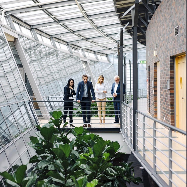 The picture shows four people in formal dress standing in a modern, light-flooded building. They are standing on a raised walkway with railings, surrounded by large glass windows. The windows extend along the entire length of the corridor and let in plenty of daylight.on the left of the picture is a woman with long, dark hair wearing a black trouser suit. She has her arms crossed in front of her chest and is looking down as if she is pensive. Next to her is a man in a dark blue suit, who is leaning on the railing with both hands and also looking down. Next to him is a woman with blonde hair in a white blazer and beige trousers. To her right is an older man with white hair and a beard, wearing a dark blue suit and interlocking fingers. The four people are discussing ista's building management system. Below the catwalk are large green plants that lend the room a natural element. On the right of the picture you can see a wall with dark red bricks and several doors. The whole space has a modern and open feel, with lots of natural light and a mix of industrial and natural elements.