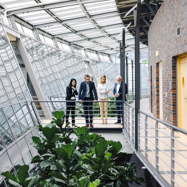 The picture shows four people in formal dress standing in a modern, light-flooded building. They are standing on a raised walkway with railings, surrounded by large glass windows. The windows extend along the entire length of the corridor and let in plenty of daylight.on the left of the picture is a woman with long, dark hair wearing a black trouser suit. She has her arms crossed in front of her chest and is looking down as if she is pensive. Next to her is a man in a dark blue suit, who is leaning on the railing with both hands and also looking down. Next to him is a woman with blonde hair in a white blazer and beige trousers. To her right is an older man with white hair and a beard, wearing a dark blue suit and interlocking fingers. The four people are discussing ista's building management system. Below the catwalk are large green plants that lend the room a natural element. On the right of the picture you can see a wall with dark red bricks and several doors. The whole space has a modern and open feel, with lots of natural light and a mix of industrial and natural elements.