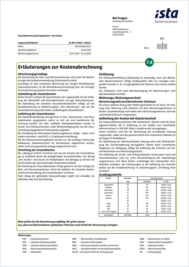 Auf der fünften Seite Ihrer Heizkostenabrechnung werden Sonderfälle abgebildet. Nach der Kostenaufstellung finden Sie zusätzliche Informationen und Erläuterungen zur Heizkostenabrechnung, beispielsweise wie die Kosten bei einem Nutzerwechsel aufgeteilt werden oder unter welchen Bedingungen geschätzt werden muss.