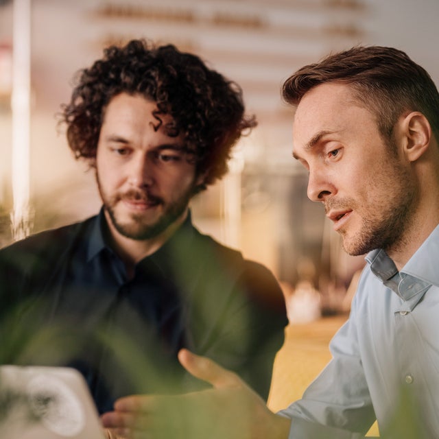 The picture shows two men looking intently at a laptop. The man on the left has curly, dark hair and a beard, while the man on the right has shorter, lighter-coloured hair. Both are wearing shirts, with the man on the left wearing a dark-coloured shirt and the man on the right a light-coloured shirt. They appear to be engaged in a conversation and are possibly working on a project together. There are blurred green leaves in the foreground, suggesting a leafy or natural environment. The background is blurred, but it can be recognised that they are in a modern office or workspace. You can dimly make out office furniture and shelving, suggesting a professional environment.