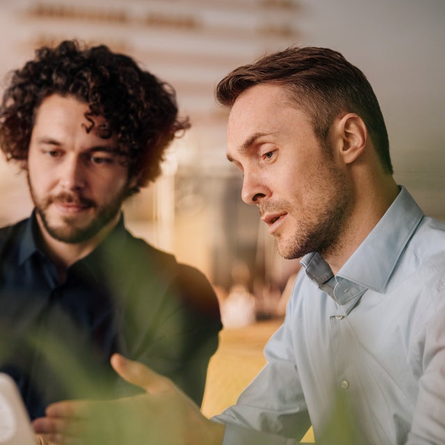 The picture shows two men looking intently at a laptop. The man on the left has curly, dark hair and a beard, while the man on the right has shorter, lighter-coloured hair. Both are wearing shirts, with the man on the left wearing a dark-coloured shirt and the man on the right a light-coloured shirt. They appear to be engaged in a conversation and are possibly working on a project together. There are blurred green leaves in the foreground, suggesting a leafy or natural environment. The background is blurred, but it can be recognised that they are in a modern office or workspace. You can dimly make out office furniture and shelving, suggesting a professional environment.