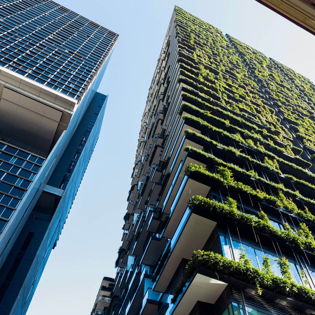 The picture shows a few skyscrapers that are seen from below. Two of them are clearly shown, the others are build behind them or can’t be seen from this point of view. On the skyscraper on the left side are just plain windows, but the skyscraper on the right side has greenery on every floor and is beeing illuminated by the sun.