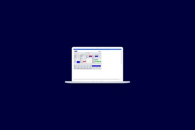 The background is coloured in dark blue and on the right side is an open laptop that shows the home screen of istas building management system.