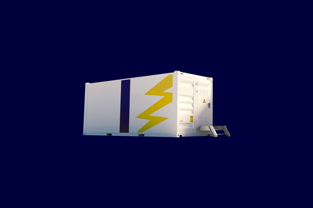 The background is colored in dark blue and on the rigth side isa walkable white conbtainer with a yellow yellow lightning bolt on the side panel. On the right side of the container are stairs that lead to a door on the right panel of the container.