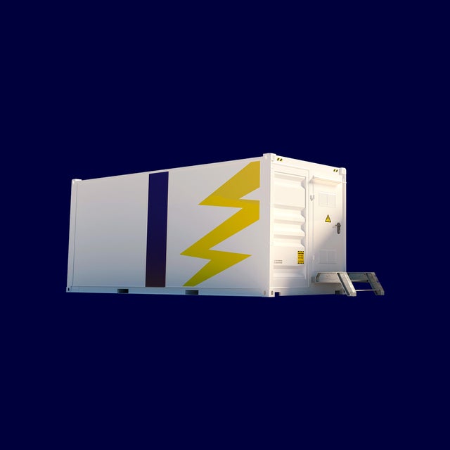 The background is colored in dark blue and on the rigth side isa walkable white conbtainer with a yellow yellow lightning bolt on the side panel. On the right side of the container are stairs that lead to a door on the right panel of the container.