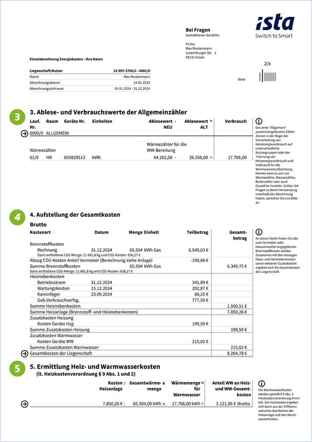 Auf der zweiten Seite Ihrer Heizkostenabrechnung werden die Ablese- und Verbrauchswerte der Allgemeinzähler, wie Wärmezähler, tabellarisch dargestellt. Zudem enthält die Seite unter anderem eine Aufstellung der Gesamtkosten, einschließlich des CO₂-Kostenanteils, der Heiznebenkosten, der Zusatzkosten für Warmwasser und der Gesamtkosten der Liegenschaft. Abschließend wird die Ermittlung der Heiz- und Warmwasserkosten angeschnitten, wobei die Berechnung der Kosten der Heizungsanlage dargestellt wird.