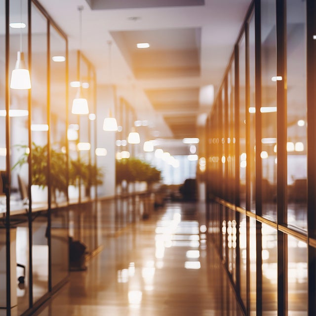 The picture shows a long corridor in an office complex. To the right and left of this corridor are glass walls behind which are offices with white desks, silver monitors and small green ferns in white pots. The LED lamps hanging from the ceiling in the offices give off a pleasant glow, illuminating every room and the whole corridor.