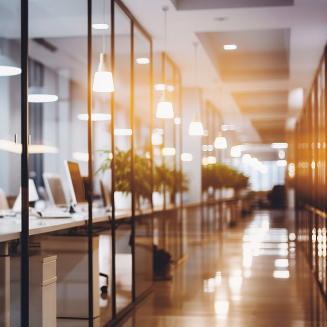 The picture shows a long corridor in an office complex. To the right and left of this corridor are glass walls behind which are offices with white desks, silver monitors and small green ferns in white pots. The LED lamps hanging from the ceiling in the offices give off a pleasant glow, illuminating every room and the whole corridor.