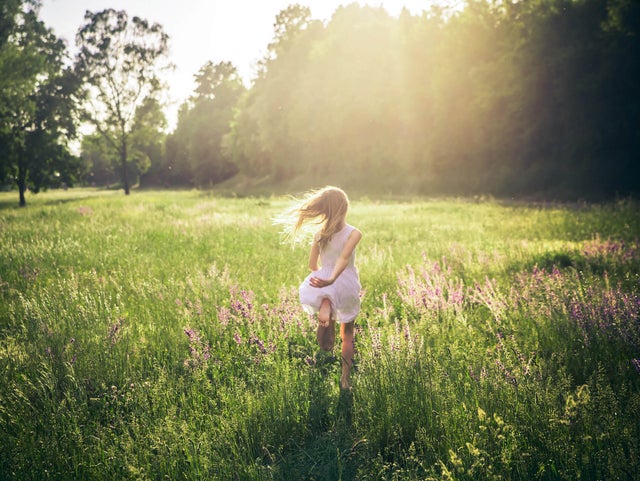 The picture shows a green, wide and tall meadow with large green trees on the edge of the horizon in the upper third of the picture and a girl running through the meadow. From the upper edge in the centre, bright yellow rays of sunlight stretch across the middle of the picture and bathe it in warm light. In the centre of the picture, a little girl in a knee-length, sleeveless white dress is walking across the meadow with her back to the viewer. Her long blonde hair blows away from her body to the left as she moves. In addition, as she runs, her left arm is loosely behind her back and her left foot is bent upwards so that the entire underside of her foot can be seen at the end of her dress.