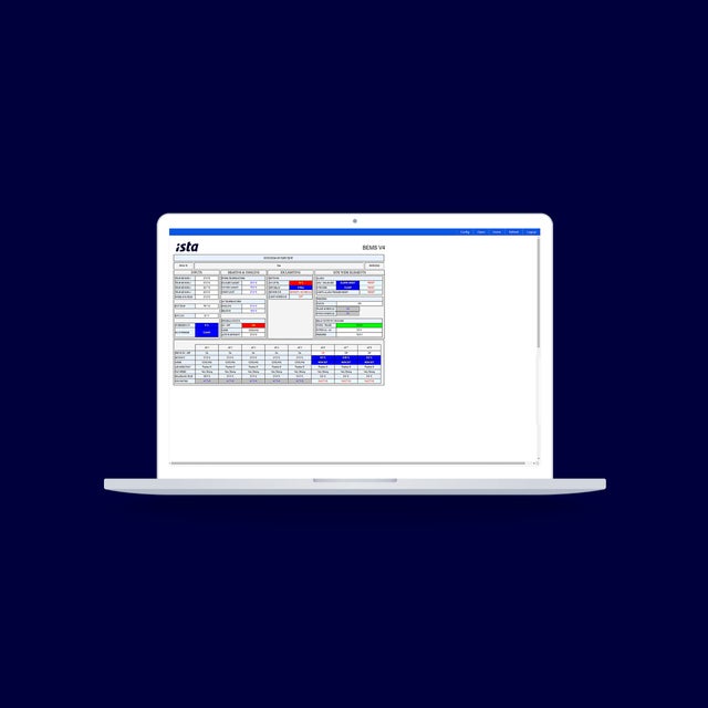 The background is coloured in dark blue and on the right side is an open laptop that shows the home screen of istas building management system.