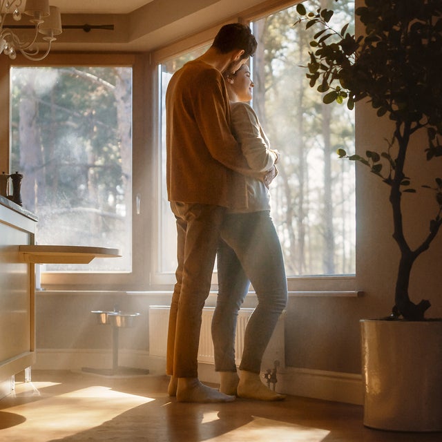 The picture shows an intimate moment in a brightly lit room. In the foreground is a couple in a loving embrace in front of a large window. The man is wearing a brown top and beige trousers, while the woman is wearing a light-coloured top and dark trousers. Both people are standing barefoot on a wooden floor, with the man standing slightly behind the woman and embracing her tenderly. The window, which takes up most of the background, allows plenty of natural light into the room and offers a view of a wooded outdoor area. The sunlight streams through the window and creates warm rays of light in the room. To the left of the picture, near the window, is a table attached to a wall. There are two small objects on the table, presumably salt and pepper shakers.  To the right of the window is a large houseplant in a white flower pot. The plant is clearly visible and lends the room a natural atmosphere. In the right-hand part of the picture, further in the background, there is a piece of wooden furniture that looks like a wine rack or a small shelf. There are a number of objects on the shelf, including a framed picture and other decorative items.