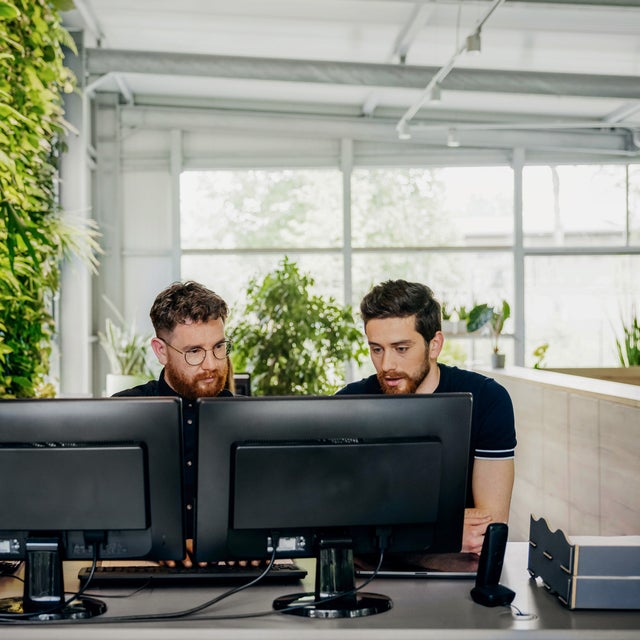 The picture shows a light-flooded part of an office space. Two men can be seen sitting at a desk directly in the foreground, stretching from left to right in the lower third of the picture. The man sitting on the left has short, dark brown and curly hair, a brown-red beard, wears round glasses with black frames and a black shirt. The man to his right has almost black short hair, a brownish beard and is wearing a black T-shirt. Both men are looking at the two monitors on the desk in front of them. Both men are looking at the carbon audit provided by ista on these monitors. To the left of the monitors on the desk is a black printer. To the right of the monitors is a telephone and next to it, on the right-hand edge, two letter trays are stacked. In the background you can see a wall consisting of large windows that stretches from the first left third of the picture to the right edge. In addition, the ceiling, which can be seen in the upper part of the picture, also consists of the same large windows. On the right-hand side of the picture, a dark brown, approximately waist-high room divider can be seen, which bends to the right once. Six plants can be seen on the room divider and behind it. To the left of the picture, directly next to the man on the left, is a wall consisting entirely of green plants.