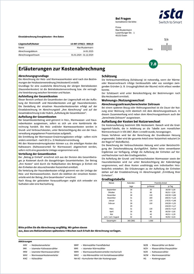 Auf der fünften Seite Ihrer Heizkostenabrechnung werden Sonderfälle abgebildet. Nach der Kostenaufstellung finden Sie zusätzliche Informationen und Erläuterungen zur Heizkostenabrechnung, beispielsweise wie die Kosten bei einem Nutzerwechsel aufgeteilt werden oder unter welchen Bedingungen geschätzt werden muss.